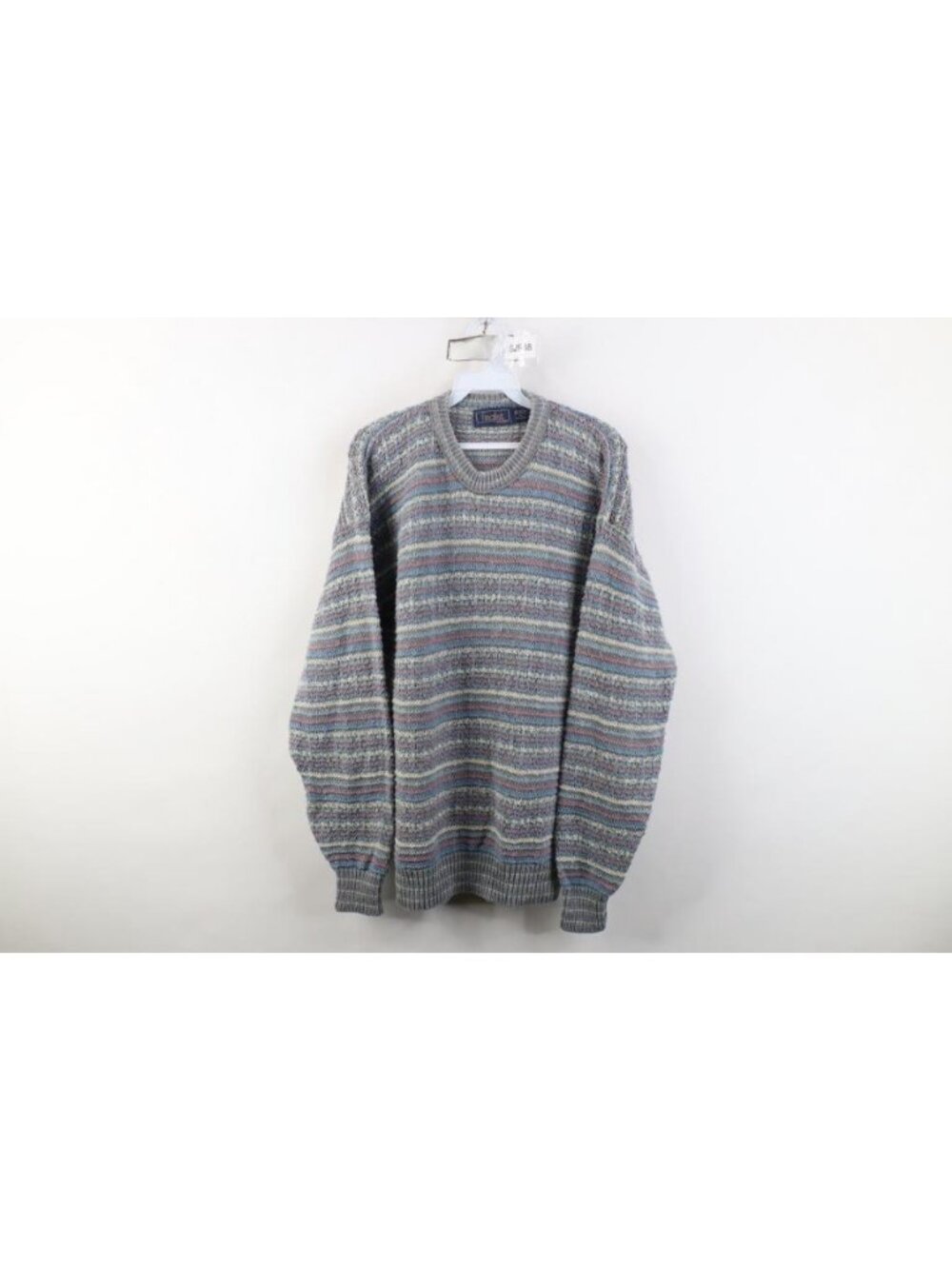 Vtg 90s Streetwear Mens Large Pastel Striped Cotton Knit Crewneck Sweater USA